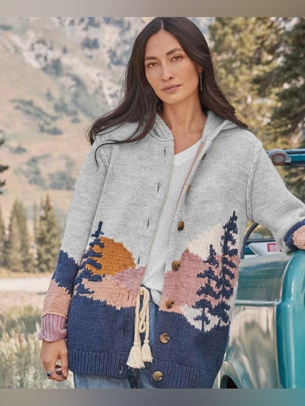 Sundance Chunky Knit Hooded Sweater Gray Blue Pink Wool Blend S